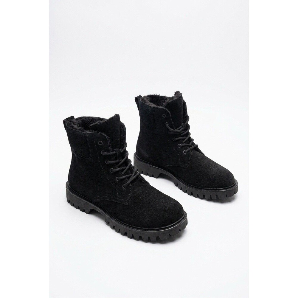 Zara Men’s Black Leather Fur Lined Combat Boots Size US 10 EUR 43 NWT